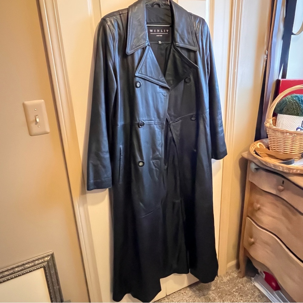 Vintage WINLIT New York Full-Length Black Genuine Leather Trench Coat – Size M - Picture 9 of 14